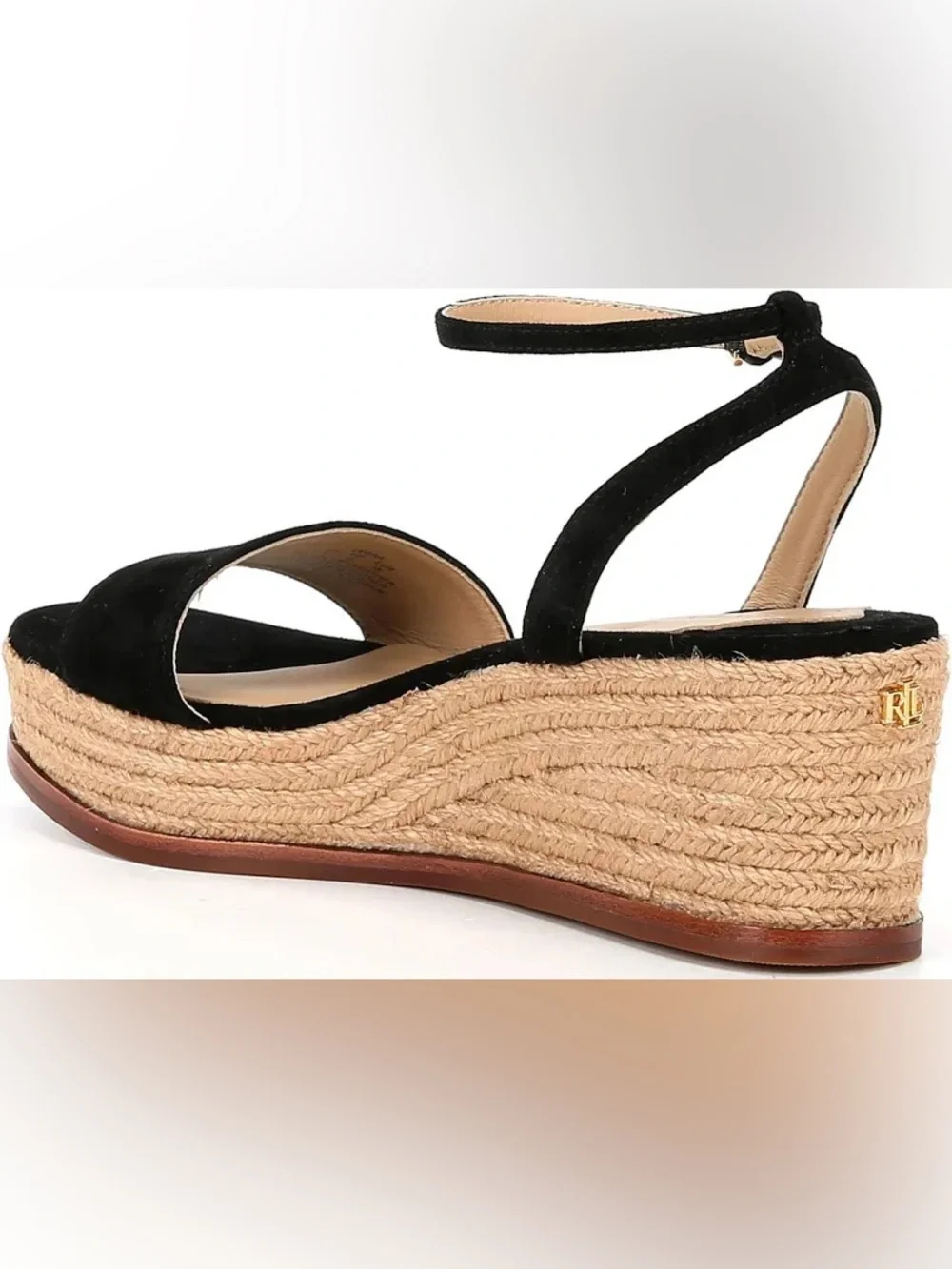 Ralph Lauren Black Suede Espadrille Wedge Sandals with Ankle Strap